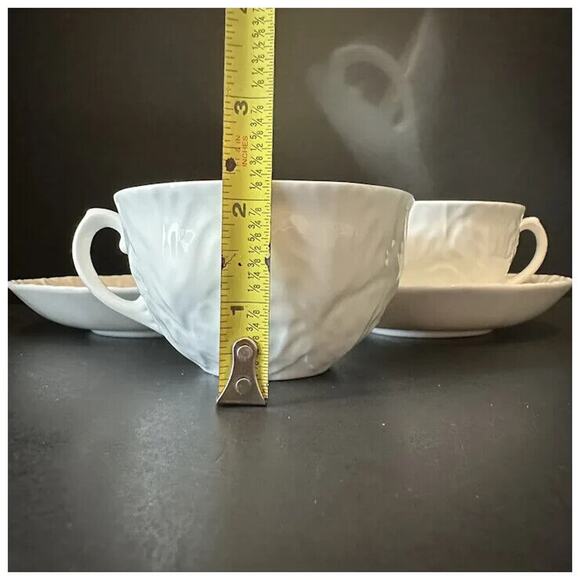 WEDGWOOD Countryware Flat Cup &Saucer Set of 2 All White Embossed Leaves No Trim - Picture 11 of 13